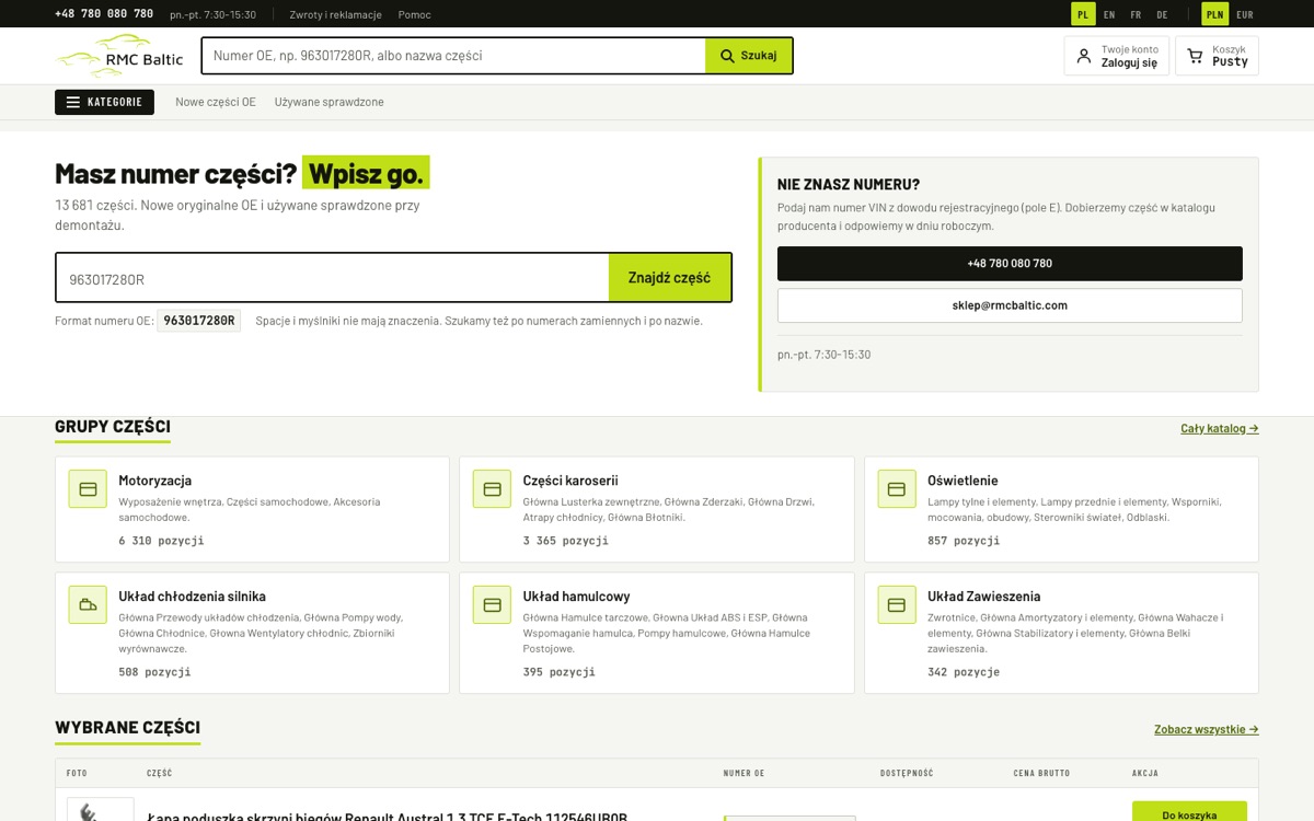 RMC Baltic store home page with OE part number search