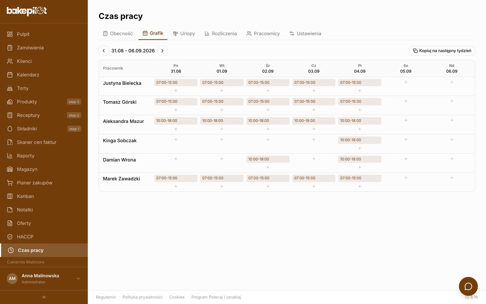 Time tracking module: a weekly staff rota with shift hours from Monday to Sunday and a button to copy it to the next week