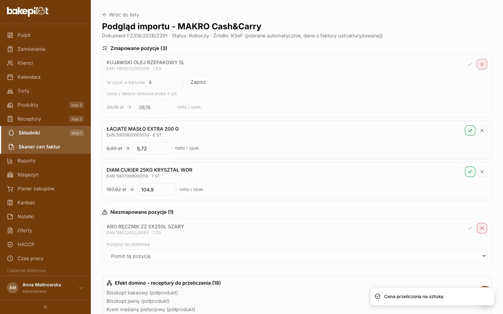 Preview of a purchase invoice import fetched from KSeF: line items with EAN codes, carton price converted to a unit price, an unmapped item and a list of recipes to recalculate