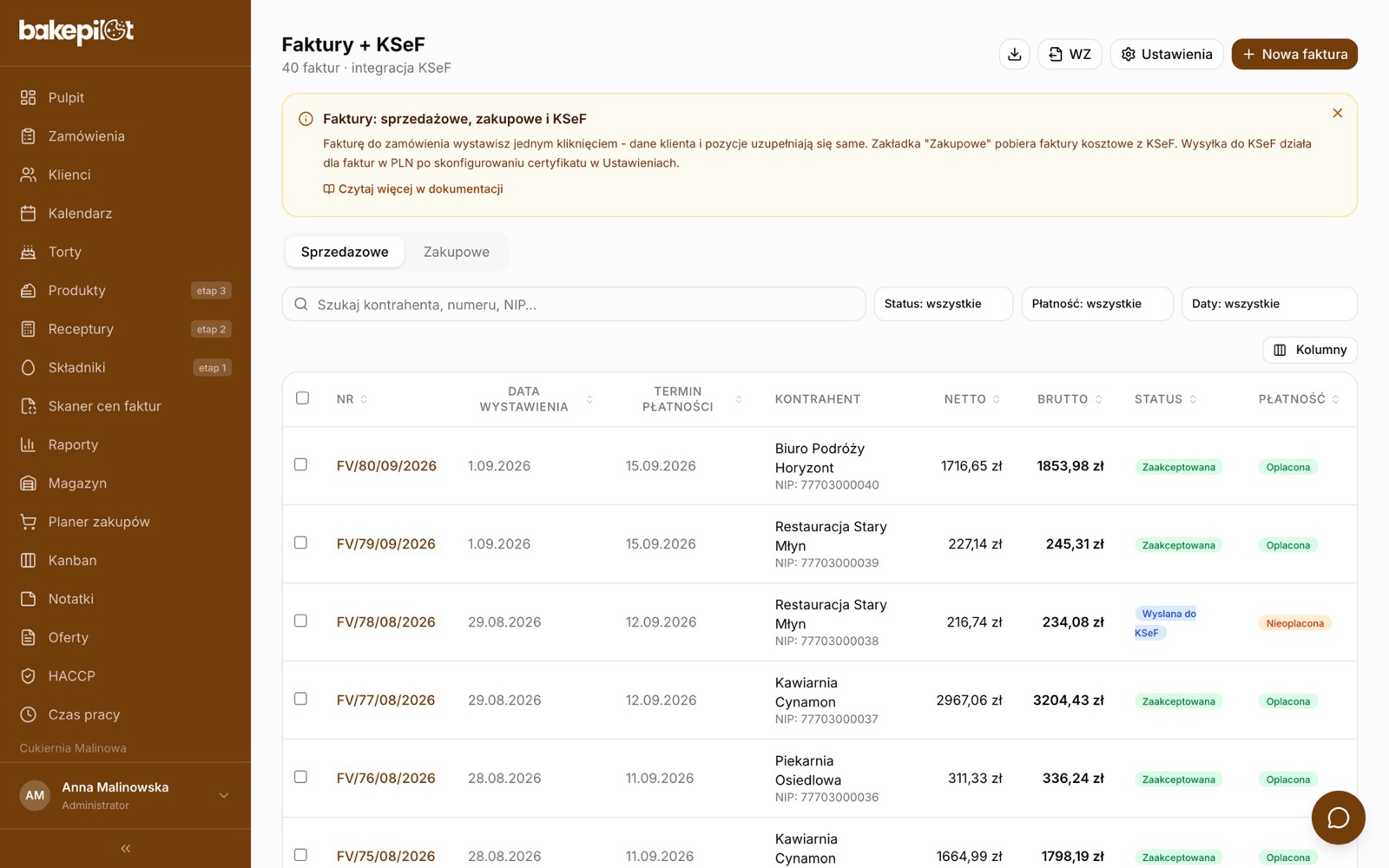 List of sales invoices with numbers, dates, buyers, net and gross amounts, KSeF submission status and payment status