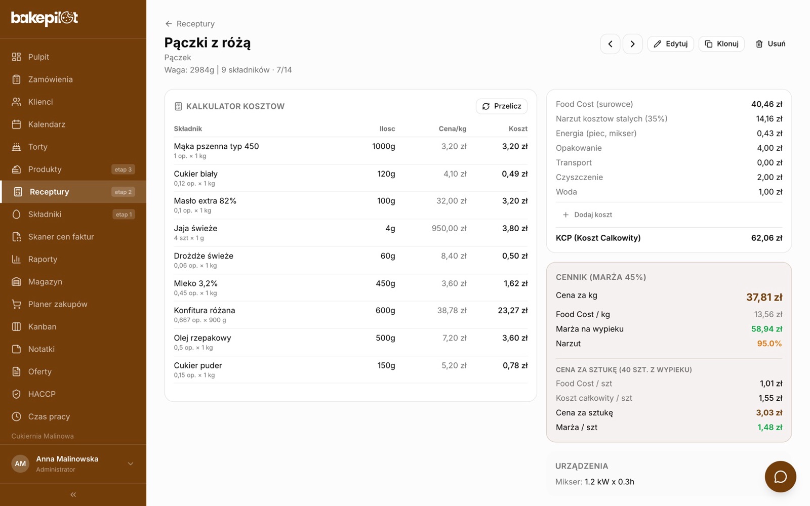 Recipe card with a cost calculator: ingredients with quantity and price per kilogram, additional costs, total cost, price per kilogram and per piece with margin