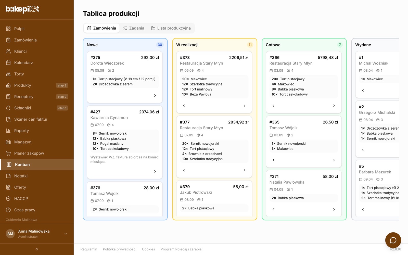 BakePilot production board with New, In progress, Ready and Collected columns, showing order cards and items to bake