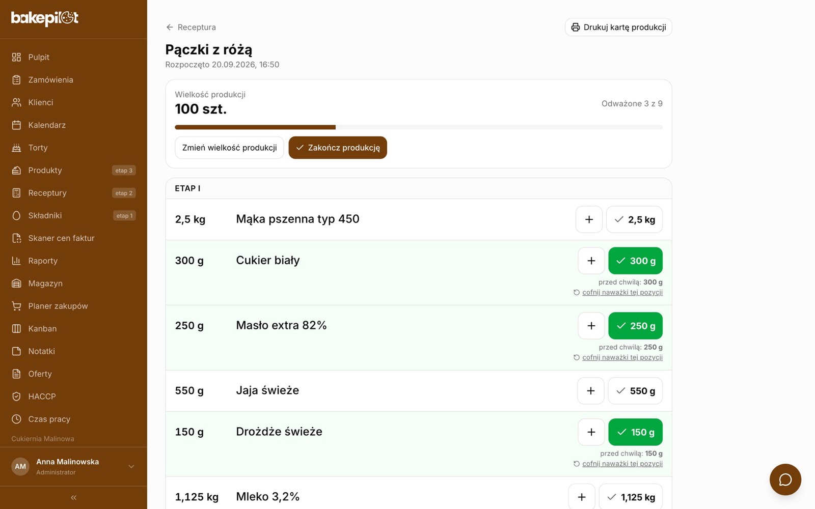 Weighing mode for production from a recipe: batch size of 100 pieces, a progress bar, a list of ingredients with weights and confirm buttons
