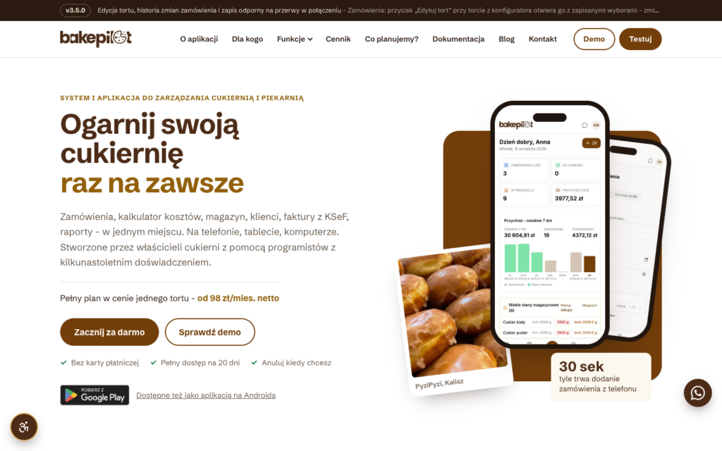 bakepilot.pl home page with a preview of the BakePilot app