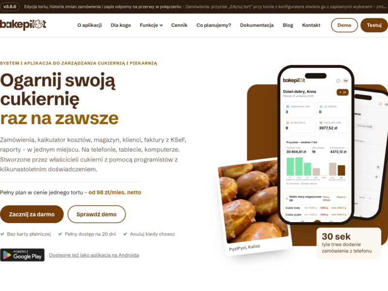 bakepilot.pl home page with a preview of the BakePilot app